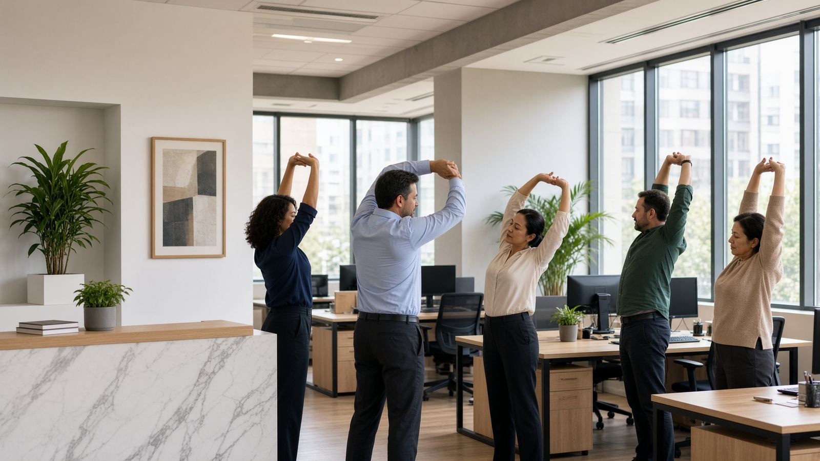 Sessão de ginástica laboral em ambiente de escritório