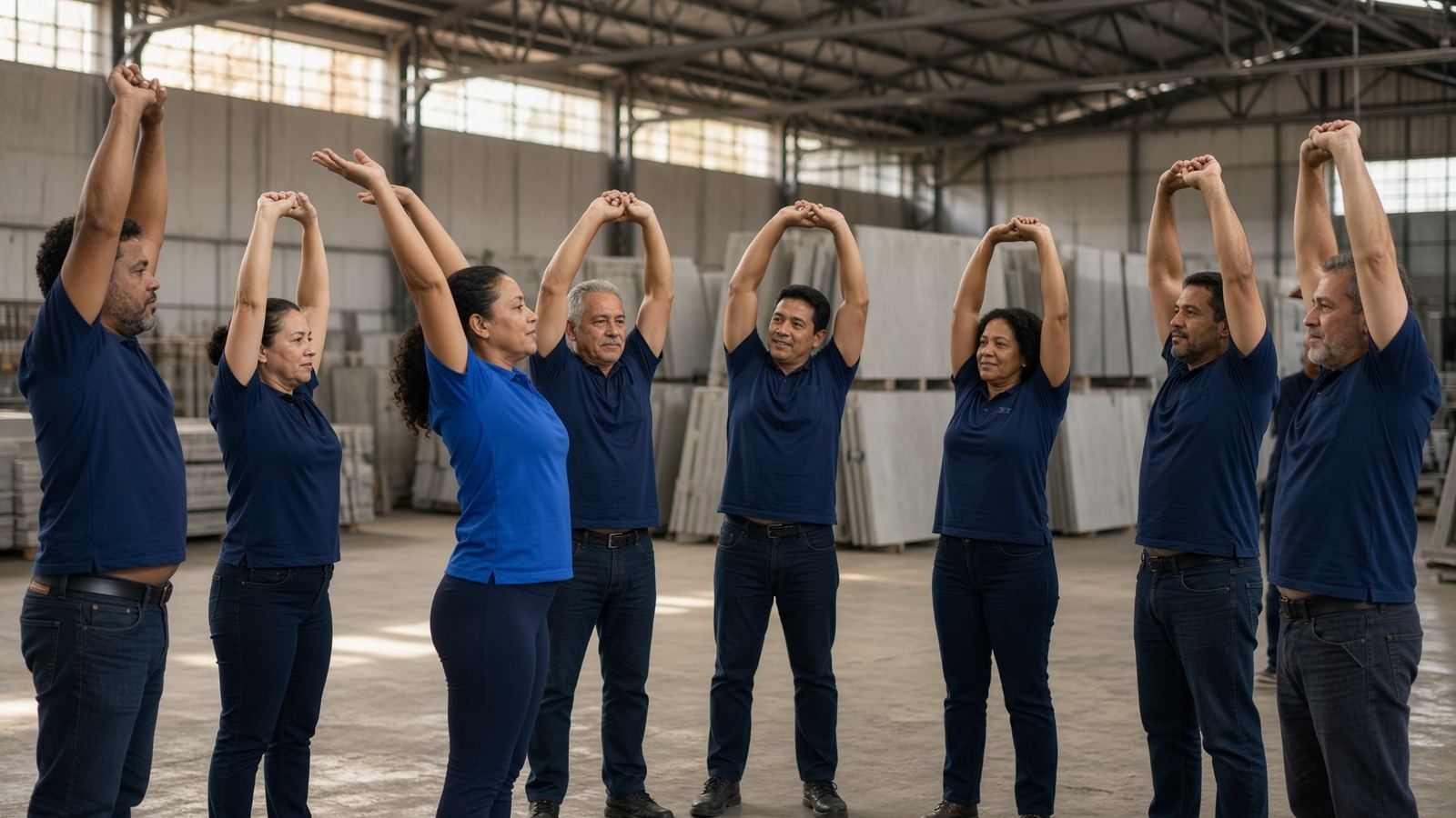 Equipe em sessão de ginástica laboral no chão de fábrica